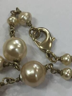 #ad Chanel Coco Mark Pearl Rhinestone Light Gold Long Pearl Necklace 09A Box Auth $1221.89
