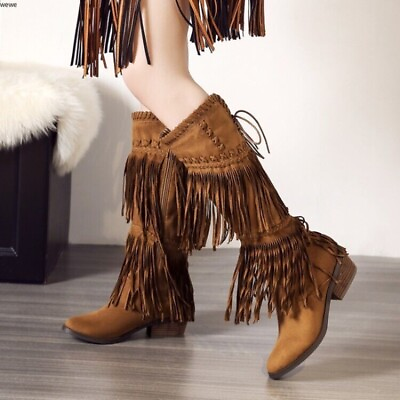 #ad Bohemian Tassel Boots Winter Retro Ethnic Style Genuine Leather Knee High Boots $134.99