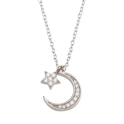 #ad Sterling Silver 925 Rhodium Plated Flower Crescent CZ Necklace STP01741 $23.41