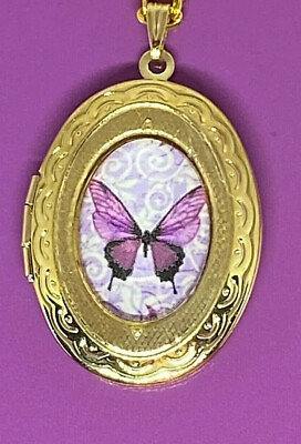 Butterfly Purple Cameo Locket Necklace Birthday Anniversary Graduation Gift Mom $17.89