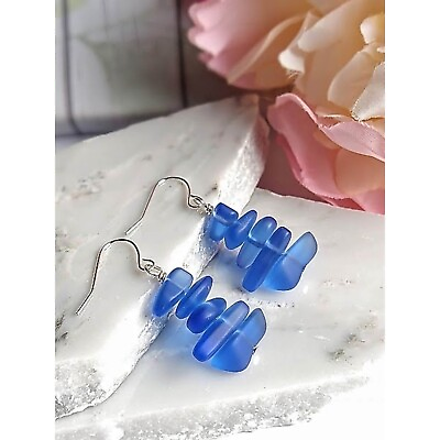 #ad Cobalt Blue Sea Glass Silver Ladies Dangle Earrings Handmade Ladies Fashion $11.99