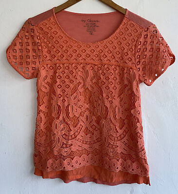 Chico#x27;s Top Women#x27;s Size 0 X Small Pullover Orange Woven Crochet Short Sleeve $18.99