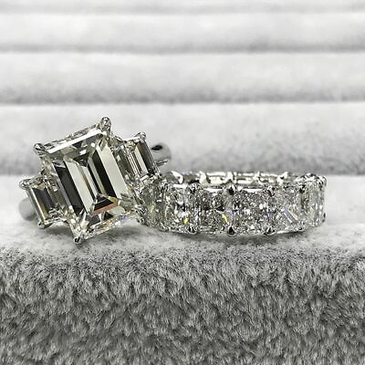 #ad Emerald Radiant Simulated Diamond Bridal Set Trilogy Ring Band White Gold Plated $149.99
