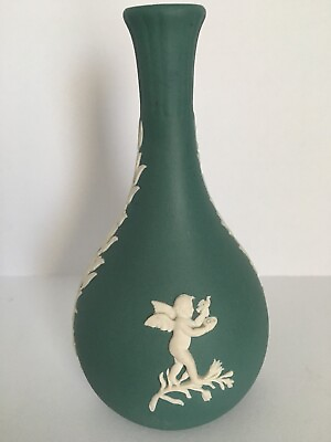 #ad Teal Jasperware Seasons Cherubs Bud Vase Rare Wedgwood Green Jasper England $48.00