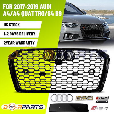 #ad Grille Black W Quattro For 2017 2018 Audi A4 S4 B9 RS4 Style Honeycomb Mesh Hex $145.00