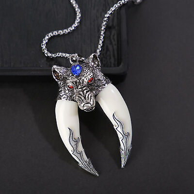 #ad MEN Stainless Steel Oversized 3D Wolf Head Teeth Pendant Necklace 27quot; Chain US $9.99