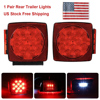 #ad 1 Pair Rear LED Submersible Square Trailer Tail Lights Kit Boat Truck Waterproof $14.89