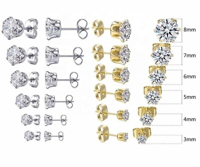 #ad Surgical 316L Stainless Steel Stud Earrings Cubic Zircon Round Men Women 2PC $4.75