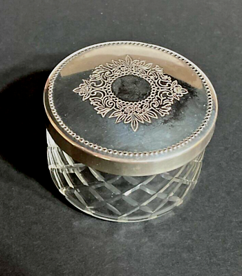 #ad Vintage Embossed Silver plate Top Beveled Cut Glass Vanity Jar Gorgeous $30.00