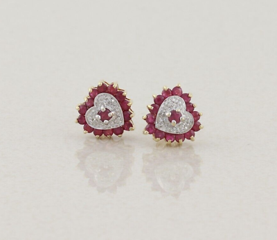#ad 10k Yellow Gold Natural Ruby amp; Diamond Heart Earrings Stud Post $250.75