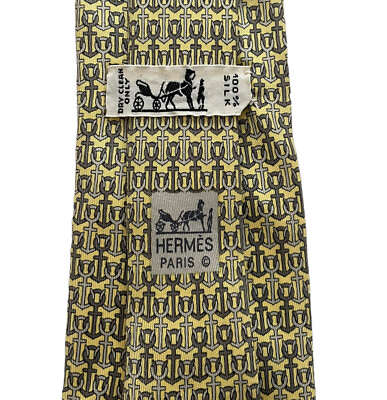 Hermes Men#x27;s Tie Nautical Anchors Yellow Gray Silk France 7189 UA 3 3 8quot; 59quot; euc $49.95