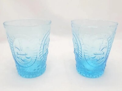 #ad Pier 1 Blue Glasses Fleur De Lis amp; Dots Drinking Tumbler Hobnail Design Set of 2 $21.99
