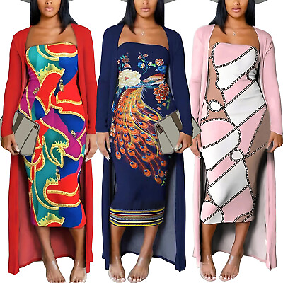 #ad New Stylish Women Printed Sleeveless Midi Dress with Long Sleeves Coat Club 2pcs $36.74
