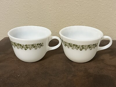 #ad VTG PYREX Cups Mugs Crazy Daisy Spring Blossom White Green Set of 2 USA Retired $9.99