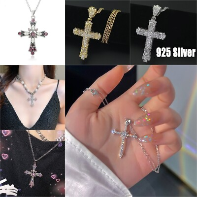 925 Silver Women Cross Necklace Pendant Charm Cubic Zircon Engagement Jewelry C $3.40