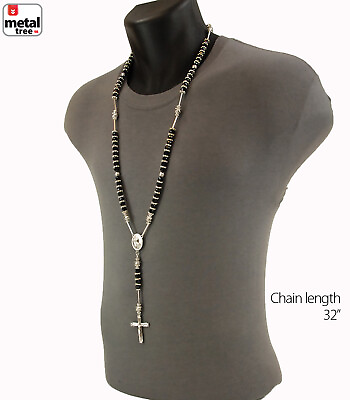 #ad Men#x27;s Hip Hip Black amp; Silver Bead 8 mm Rosary Pray Hand Jesus Cross Necklace SBK $9.99