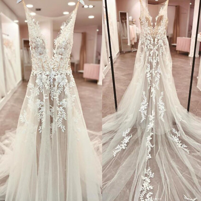 #ad Vintage V Neck Wedding Dresses Sleeveless Backless Lace Appliques Bridal Gowns $154.36
