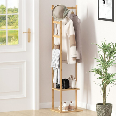 #ad Coat Tree Solid Bamboo Freestanding Coat Rack with Storage Garments Corner Stand $67.99