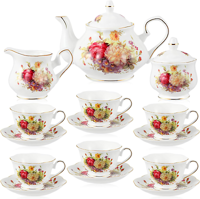 #ad 21 Pcs European Porcelain Tea Set Vintage Floral Tea Gift Sets Ceramic Floral $78.39