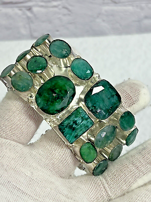 #ad vtg artisan hand made genuine emerald silver filled wide cuff bracelet sz 7 8 $349.95