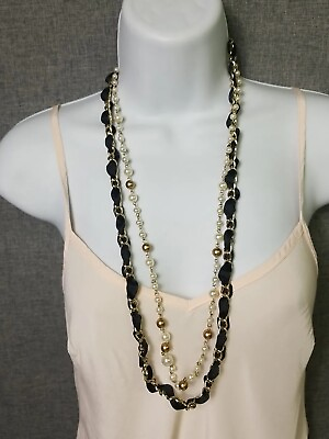 #ad #ad Long Double Necklace Chain Link w Black Ribbon Pearl Gold Beads $10.00