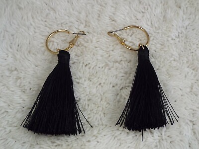 #ad Goldtone Hoop Black Fringe Tassel Pierced Earrings D31 $1.72