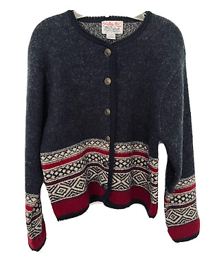 #ad Vintage Tally Ho Womens Sweater Gray Wool Fair Isle Metal Ornate Buttons Medium $29.99