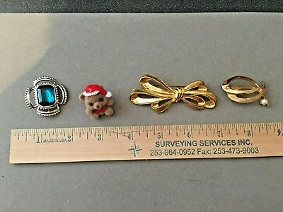 #ad Vintage 4 lot Pins Broach Silver Gold Metal Faux pearl Fuzzy Bear Mid Century $7.99