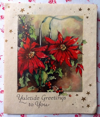 Vintage 1940s Parchment Christmas Greeting Card Red Poinsettias Holly Candles $10.50