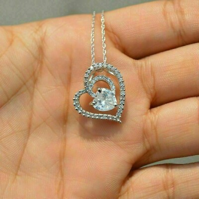 #ad 2Ct Round Diamond Heart Shape Pendant Necklace 18quot; Chain 14k White Gold Finish $30.66