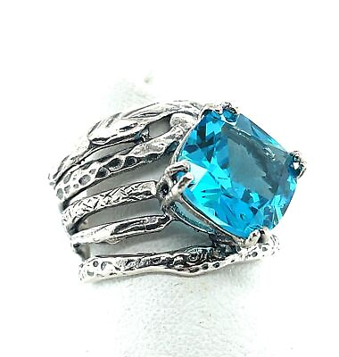 #ad 925 Hammered Silver Ring with a Blue Glass Stone Size 7 $29.00