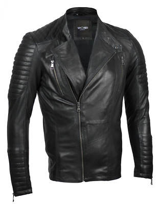#ad Mens Slim Fit Classic Real Leather Black Motorbike Biker Jacket Shoulder Padding GBP 59.99