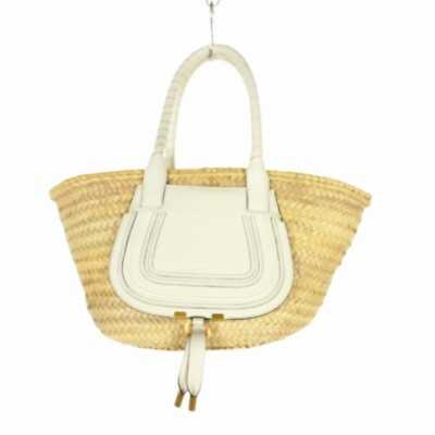 #ad Chloe Women#x27;s Marcie Tote Hand bag Basket Bag Raffia Leather Logo Beige $374.40