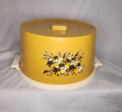 #ad Vintage Plastic Cake Cover Carrier Harvest Yellow locking Lid with Floral Design $25.00