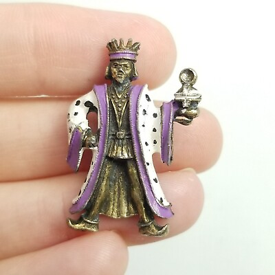 #ad Vintage Short King Brooch Purple Enamel Robes Crown Small Bronze Color Pin $24.00