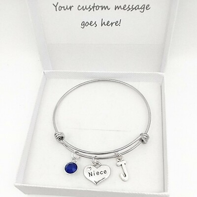#ad Niece Charm Bangle Bracelet Gift Personalised Initial Birthstone Boxed GBP 12.45