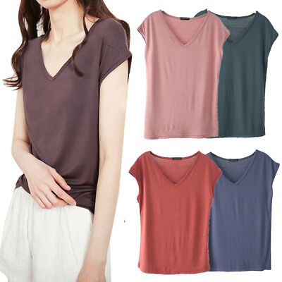 #ad Women Solid V Neck T Shirt Tee Pullover Undershirt Basic Tops Loose Casual $12.86