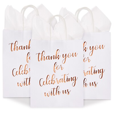 #ad 15x Thank You Kraft Paper Gift Bags with Handles Tissue Rose Gold Foil Lettering $16.89
