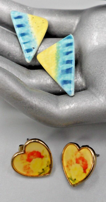 #ad Post Earrings Lot of 2 Pairs Blue Yellow Ceramic Triangles amp; Rose Heart Studs $5.00