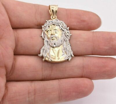 #ad 1 3 4quot; Jesus Head Diamond Cut Two Tone Pendant Real SOLID 10K Yellow White Gold $318.99