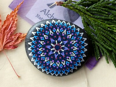 #ad Hand Painted Alchemy Stone with Blue Violet and Silver Complex Mandala Design $22.50