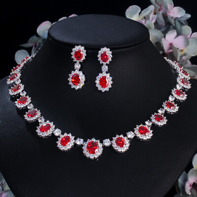 #ad Classy Ruby Red Flower CZ Women Party Round Necklace Earring Costume Jewelry Set $32.89