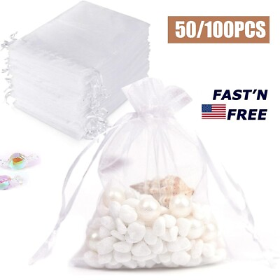 #ad 100Pcs White Drawstring Organza Gift Bags Wedding Party Favor Jewelry Pouches $8.99