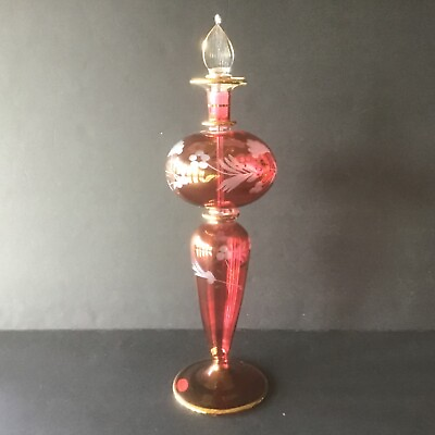 Decorative Egyptian Perfume Glass Bottle Red with etched Floral and Swirl top C $59.99