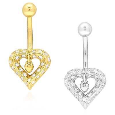 #ad Solid 14k Yellow White Gold Two Hearts Love CZ Navel Belly Button Ring $139.99