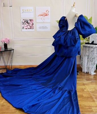 #ad Royal Blue Cape Tiered Back Puffy Sleeves Long Jacket Brides Wraps Length Cloak $271.50