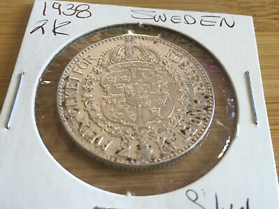 #ad 1938 Sweden 2 Kroner I1 WORLD SILVER COIN # 636E $29.99