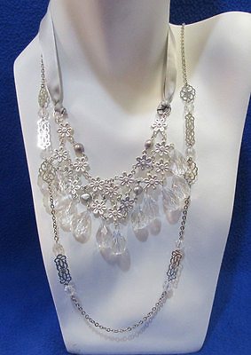 #ad Frontal Flower Ribbon Tie Necklace Silver Tone Clear Beaded Necklace Lot of 2 $17.99