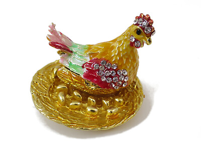 #ad Bejeweled quot; Hen with Golden Eggsquot; Hinged Metal Enameled Rhinestone Trinket Box $17.99