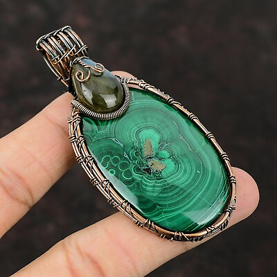 Gift For Her Russian Malachite Wire Wrapped Pendant Copper Jewelry 3.15quot; $18.00